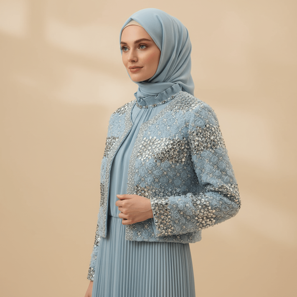 Primakind Luxury Pearl Beaded Diamond Grid Jacket & Pleated Dress Set