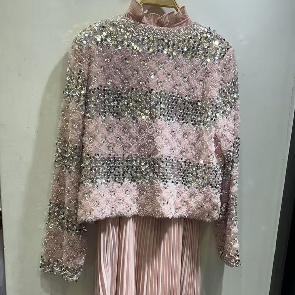 Primakind Luxury Pearl Beaded Diamond Grid Jacket & Pleated Dress Set