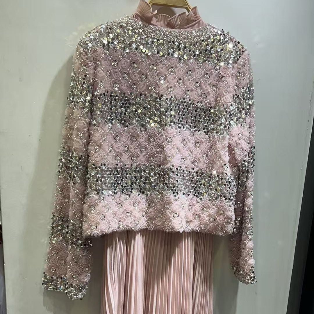 Primakind Luxury Pearl Beaded Diamond Grid Jacket & Pleated Dress Set