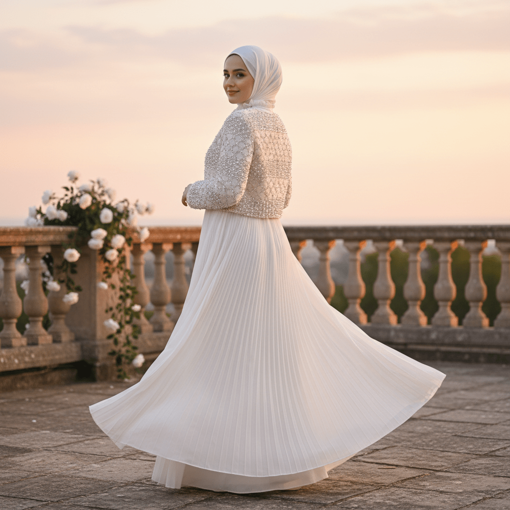 Primakind Luxury Pearl Beaded Diamond Grid Jacket & Pleated Dress Set