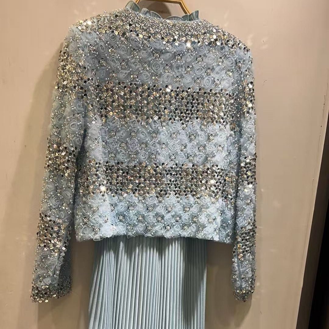 Primakind Luxury Pearl Beaded Diamond Grid Jacket & Pleated Dress Set