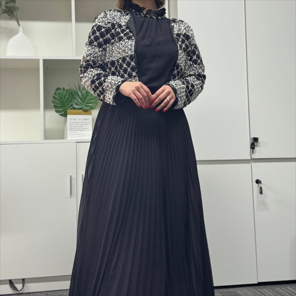 Primakind Luxury Pearl Beaded Diamond Grid Jacket & Pleated Dress Set