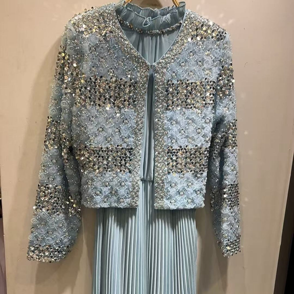 Primakind Luxury Pearl Beaded Diamond Grid Jacket & Pleated Dress Set