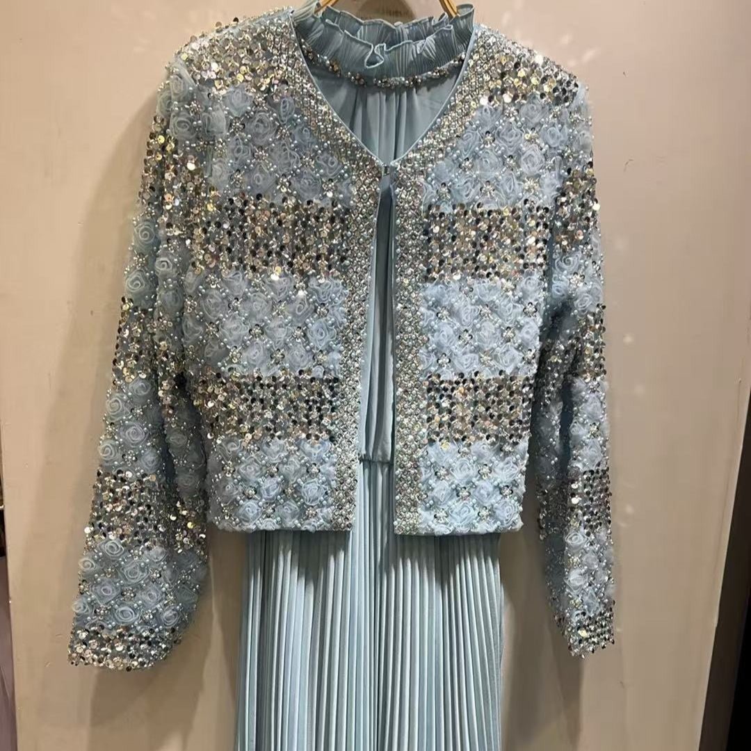 Primakind Luxury Pearl Beaded Diamond Grid Jacket & Pleated Dress Set