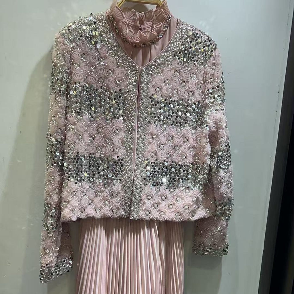 Primakind Luxury Pearl Beaded Diamond Grid Jacket & Pleated Dress Set