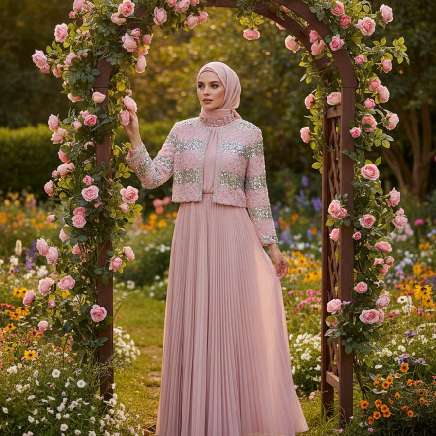 Primakind Luxury Pearl Beaded Diamond Grid Jacket & Pleated Dress Set
