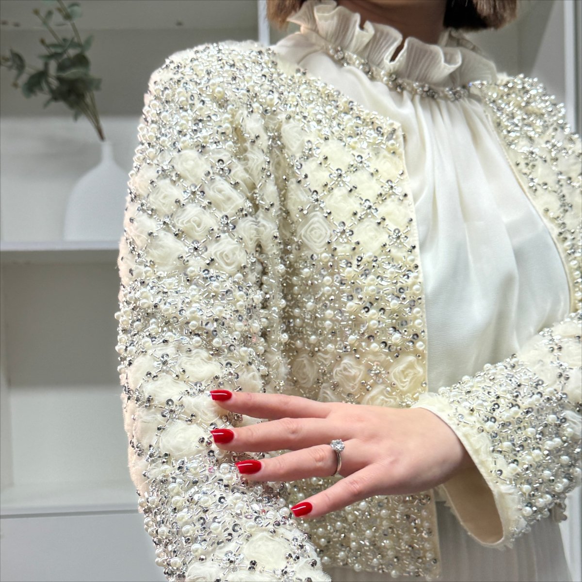Primakind Luxury Pearl Beaded Diamond Grid Jacket & Pleated Dress Set