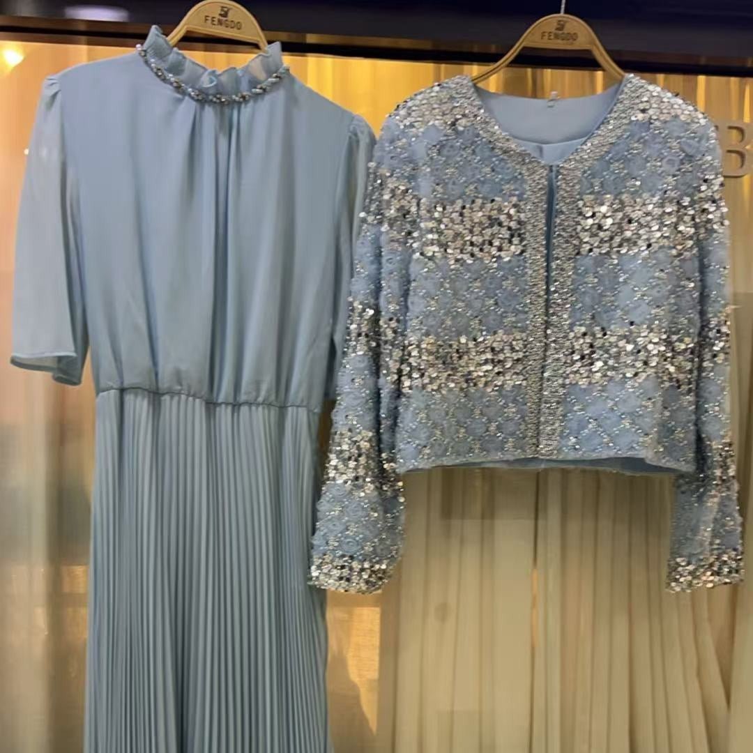 Primakind Luxury Pearl Beaded Diamond Grid Jacket & Pleated Dress Set