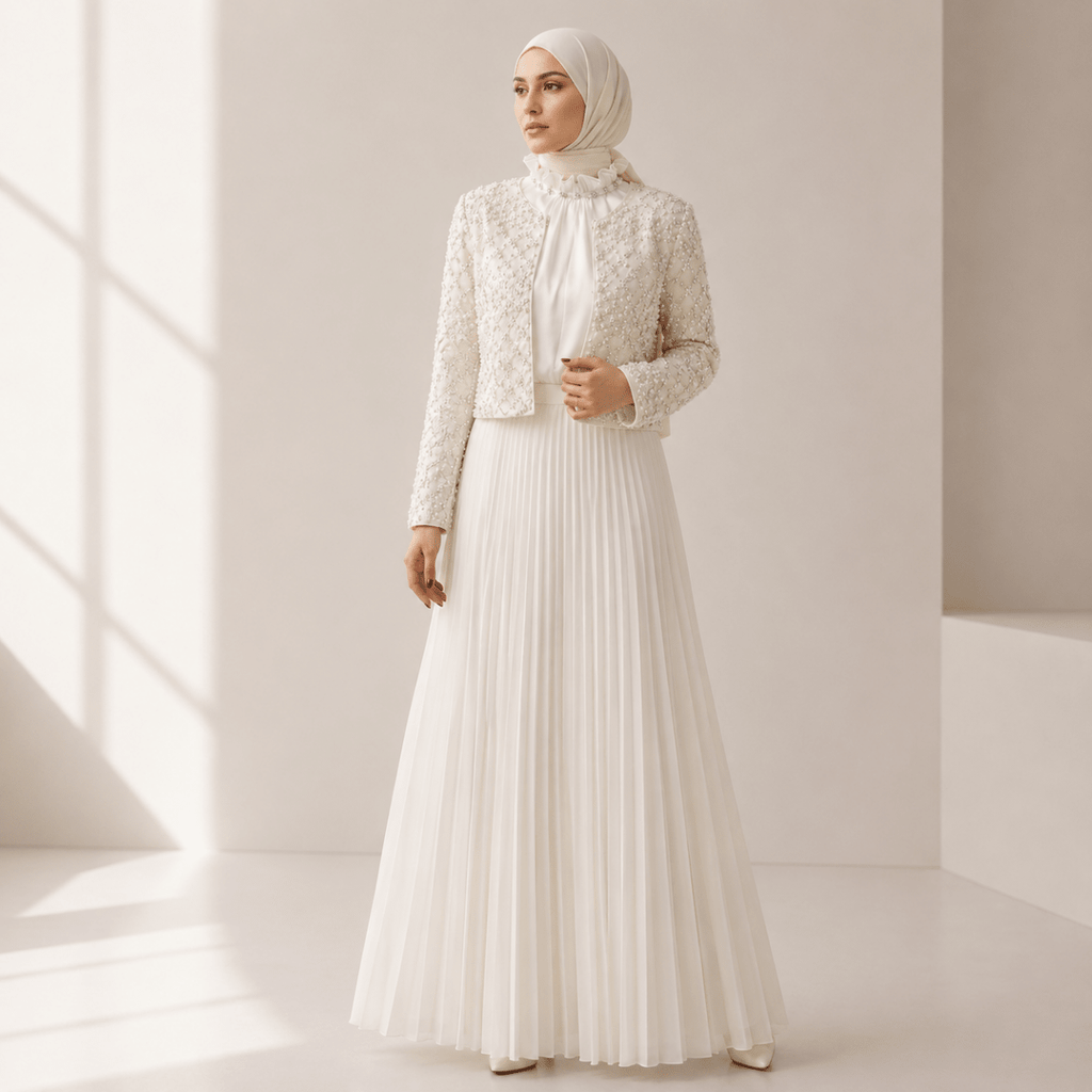 Primakind Luxury Pearl Beaded Diamond Grid Jacket & Pleated Dress Set