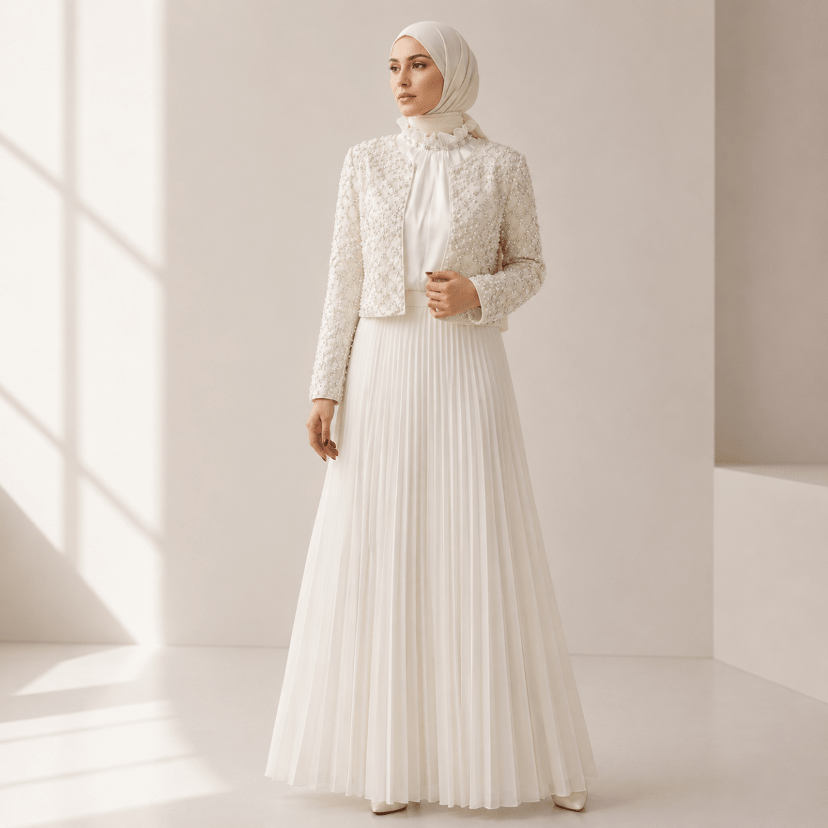 Primakind Luxury Pearl Beaded Diamond Grid Jacket & Pleated Dress Set