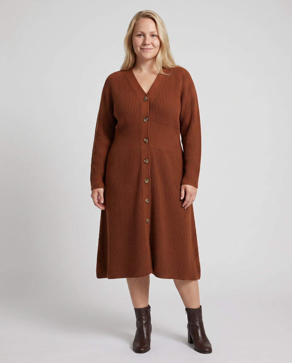 Primakind Women's Ribbed Knit Button-Front Midi Sweater Dress