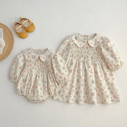 Arrival Autumn Floral Print Baby Kids Peter Pan Collar Onesies And Girls’ Dress – Princess Sister Matching Set