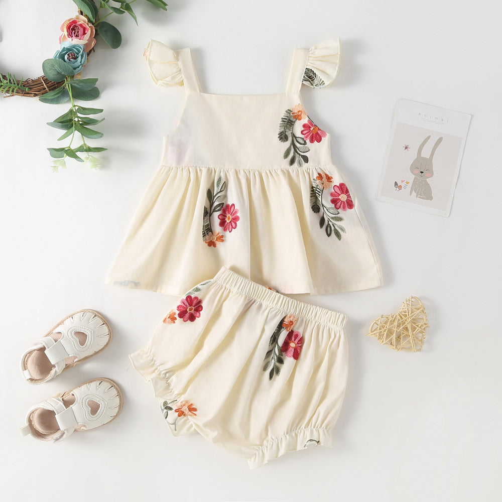 Summer Baby Kids Girls Floral Pattern Sleeveless Strap Top Dress And Bloomers Clothing Set/ Onesies