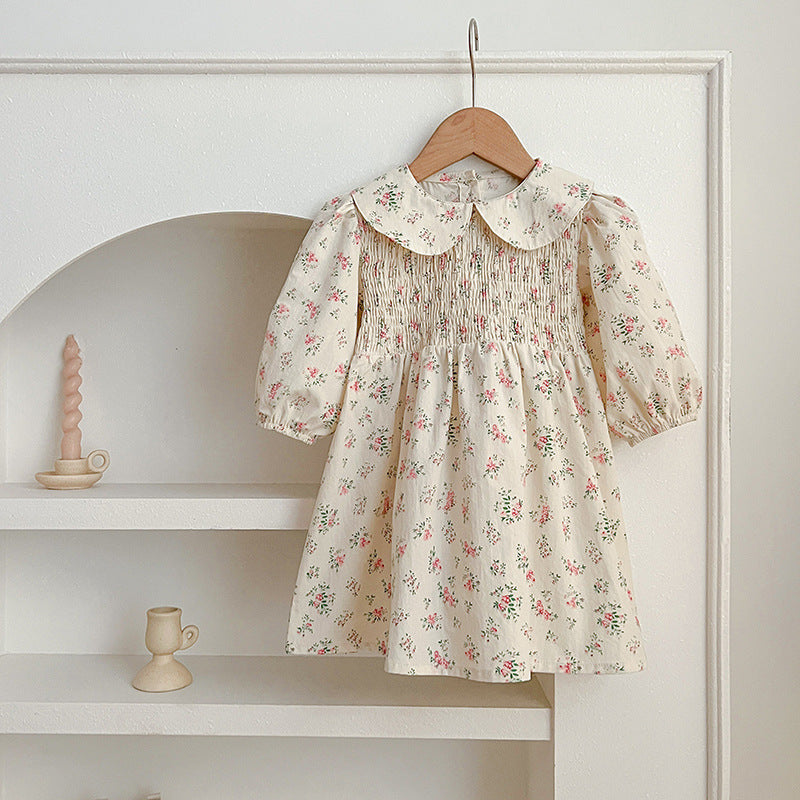 Arrival Autumn Floral Print Baby Kids Peter Pan Collar Onesies And Girls’ Dress – Princess Sister Matching Set