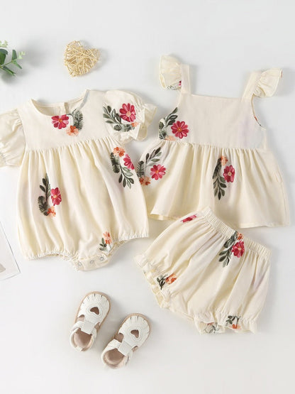 Summer Baby Kids Girls Floral Pattern Sleeveless Strap Top Dress And Bloomers Clothing Set/ Onesies