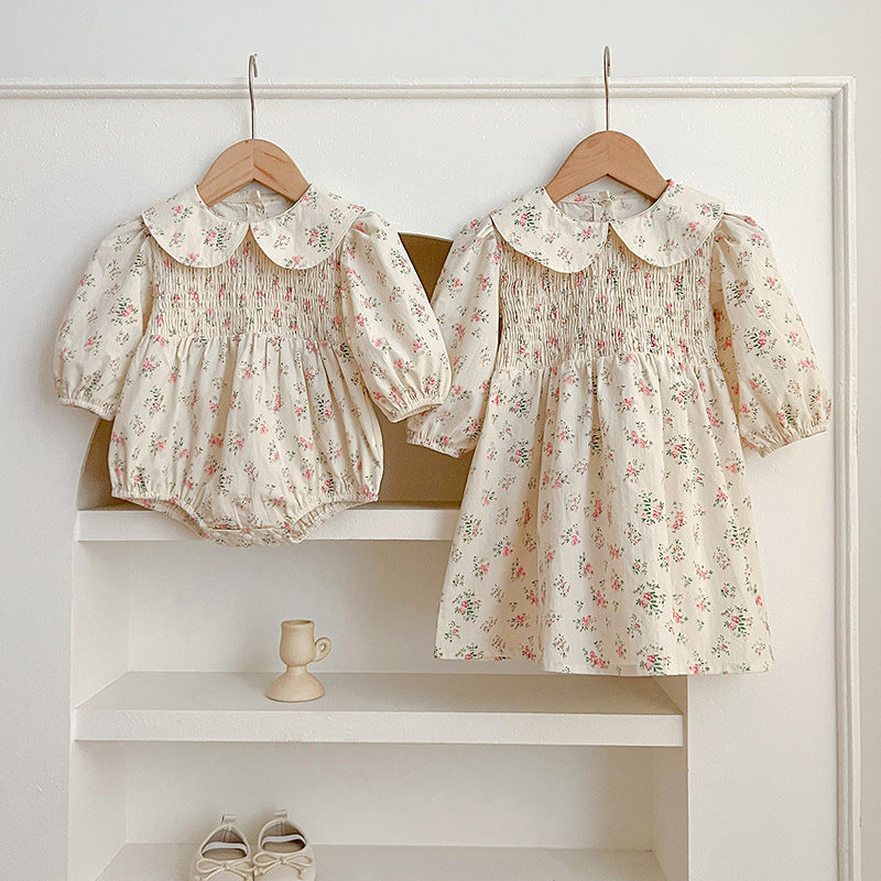 Arrival Autumn Floral Print Baby Kids Peter Pan Collar Onesies And Girls’ Dress – Princess Sister Matching Set