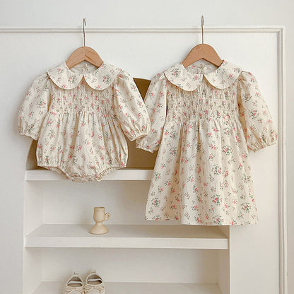 Arrival Autumn Floral Print Baby Kids Peter Pan Collar Onesies And Girls’ Dress – Princess Sister Matching Set