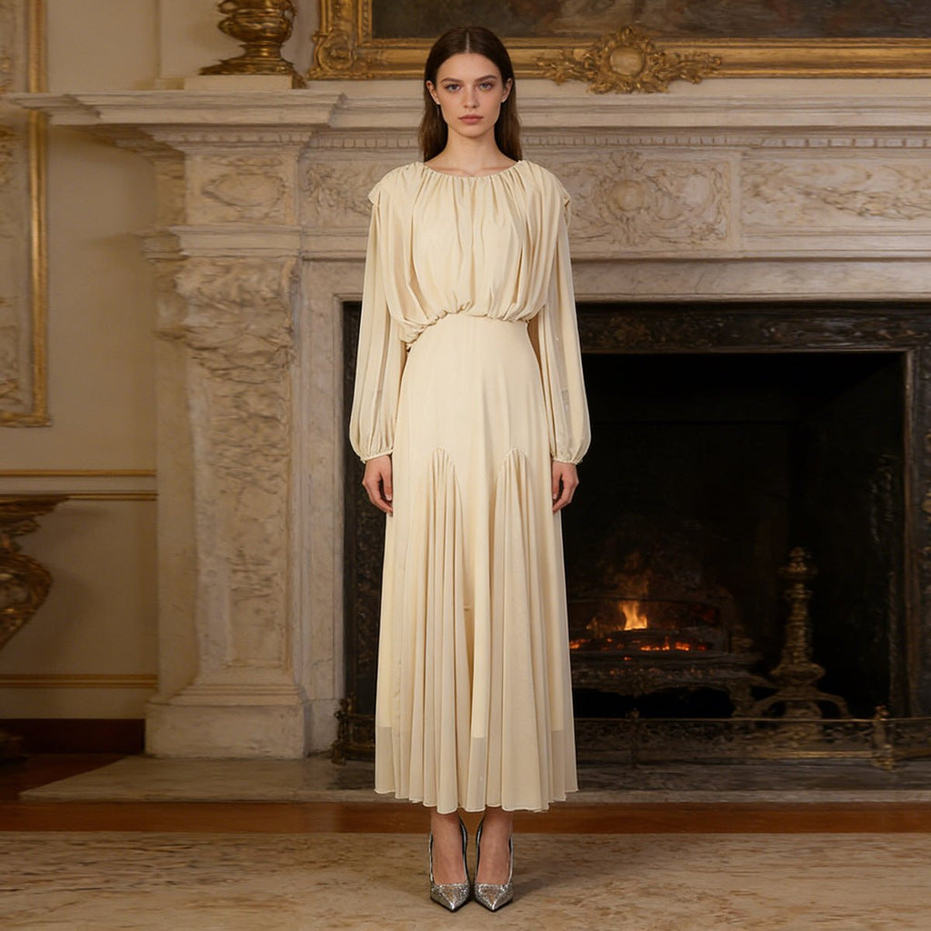 Primakind Round Neck Ruched Bodice Lantern Sleeve Floor-Length Dress