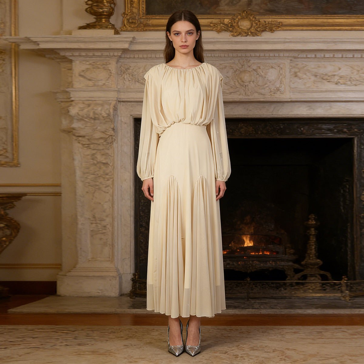 Primakind Round Neck Ruched Bodice Lantern Sleeve Floor-Length Dress