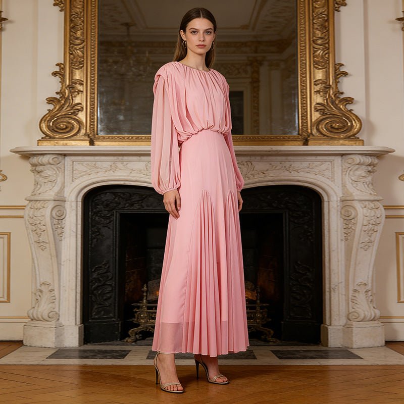 Primakind Round Neck Ruched Bodice Lantern Sleeve Floor-Length Dress