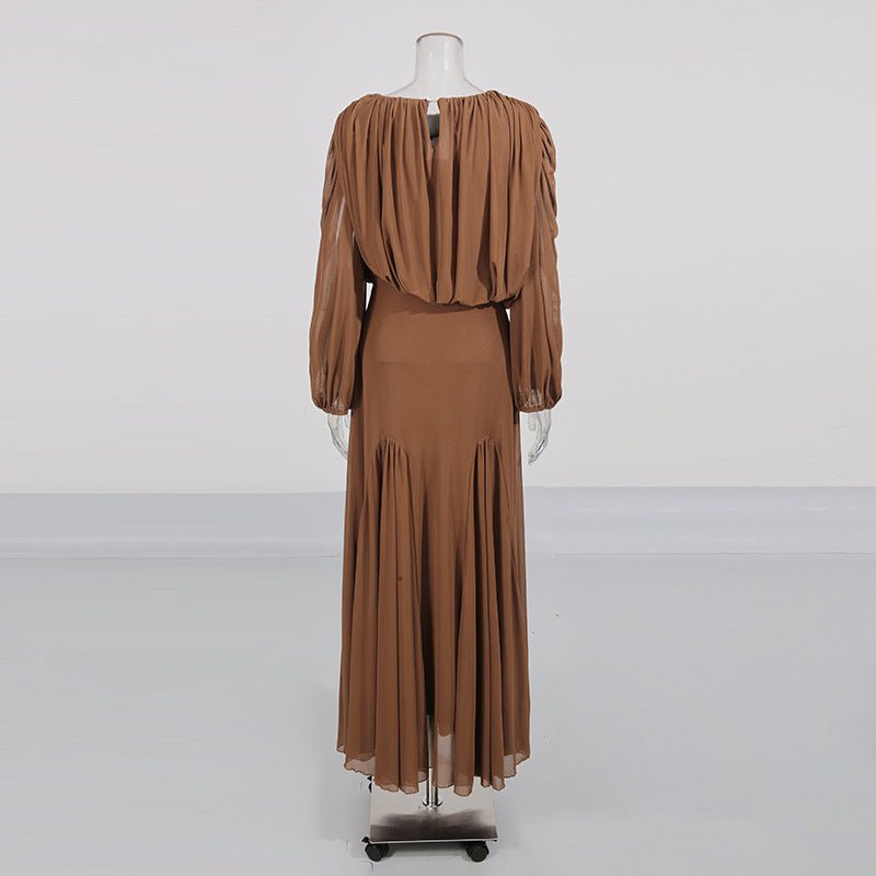 Primakind Round Neck Ruched Bodice Lantern Sleeve Floor-Length Dress