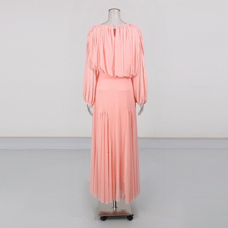 Primakind Round Neck Ruched Bodice Lantern Sleeve Floor-Length Dress