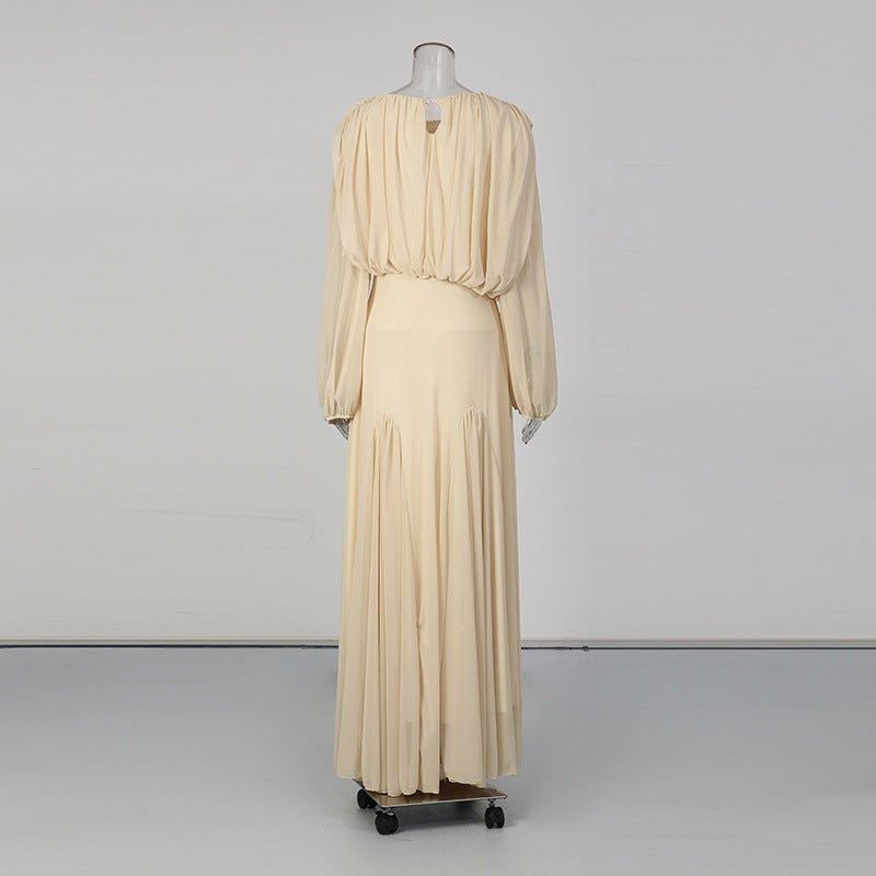 Primakind Round Neck Ruched Bodice Lantern Sleeve Floor-Length Dress