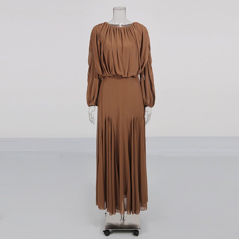 Primakind Round Neck Ruched Bodice Lantern Sleeve Floor-Length Dress