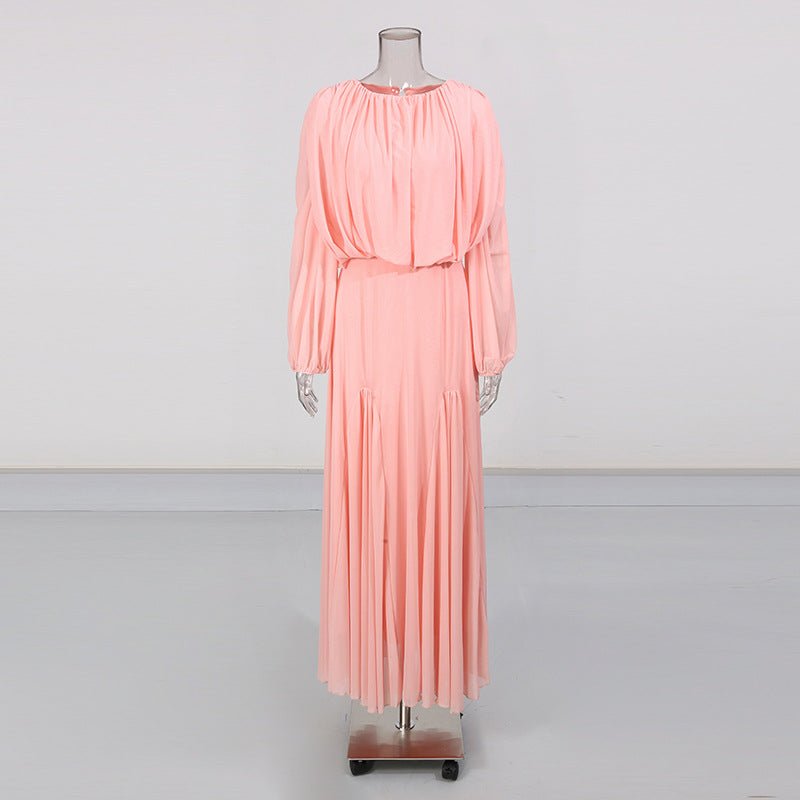 Primakind Round Neck Ruched Bodice Lantern Sleeve Floor-Length Dress