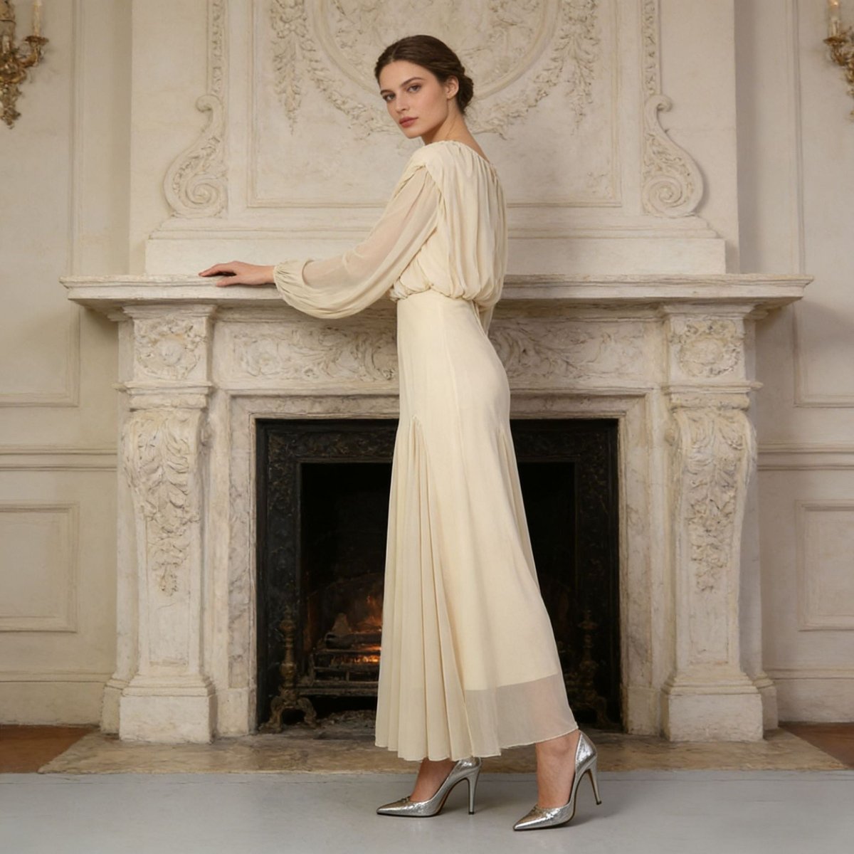 Primakind Round Neck Ruched Bodice Lantern Sleeve Floor-Length Dress