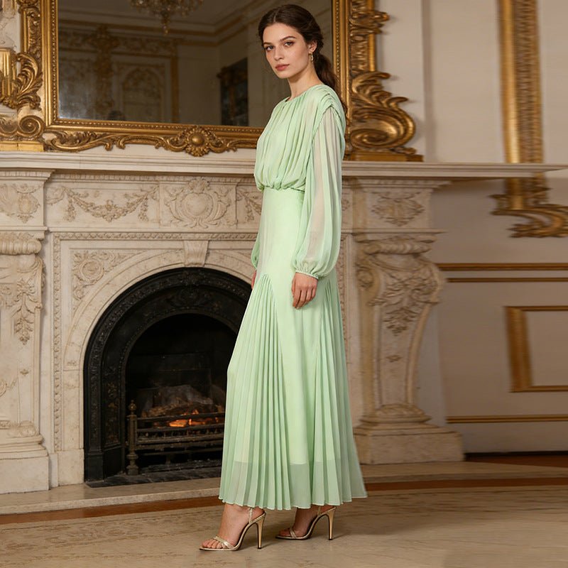 Primakind Round Neck Ruched Bodice Lantern Sleeve Floor-Length Dress