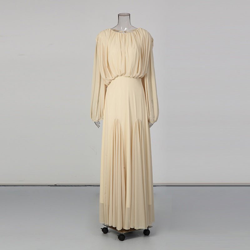 Primakind Round Neck Ruched Bodice Lantern Sleeve Floor-Length Dress