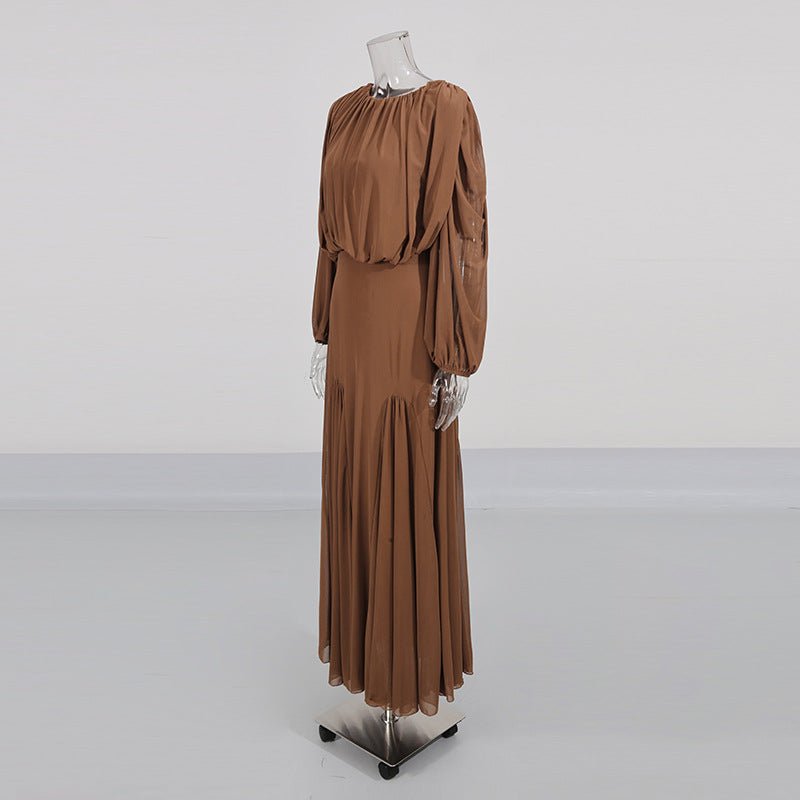 Primakind Round Neck Ruched Bodice Lantern Sleeve Floor-Length Dress