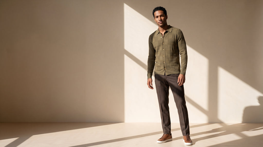 PrimaKind | Olive Check Knitted Long Sleeve Shirt | Polo Collar Button Front Sweater