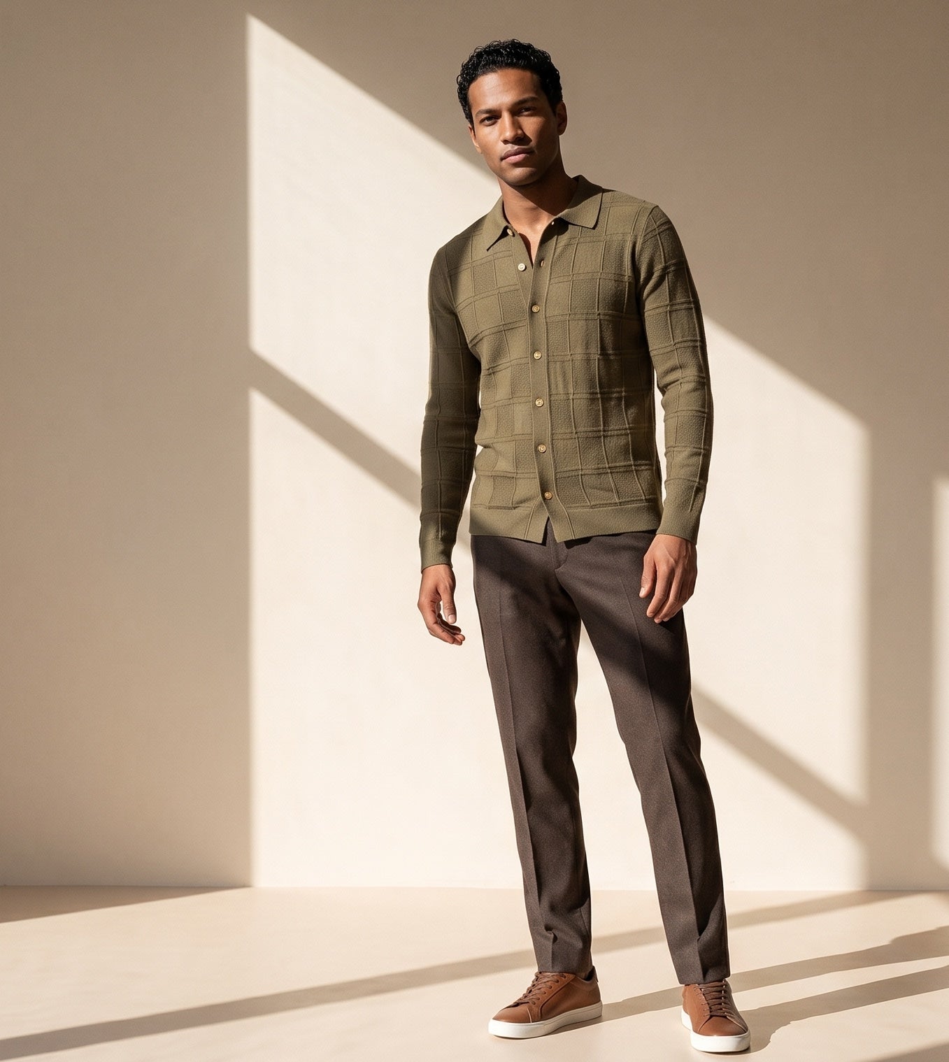 PrimaKind | Olive Check Knitted Long Sleeve Shirt | Polo Collar Button Front Sweater
