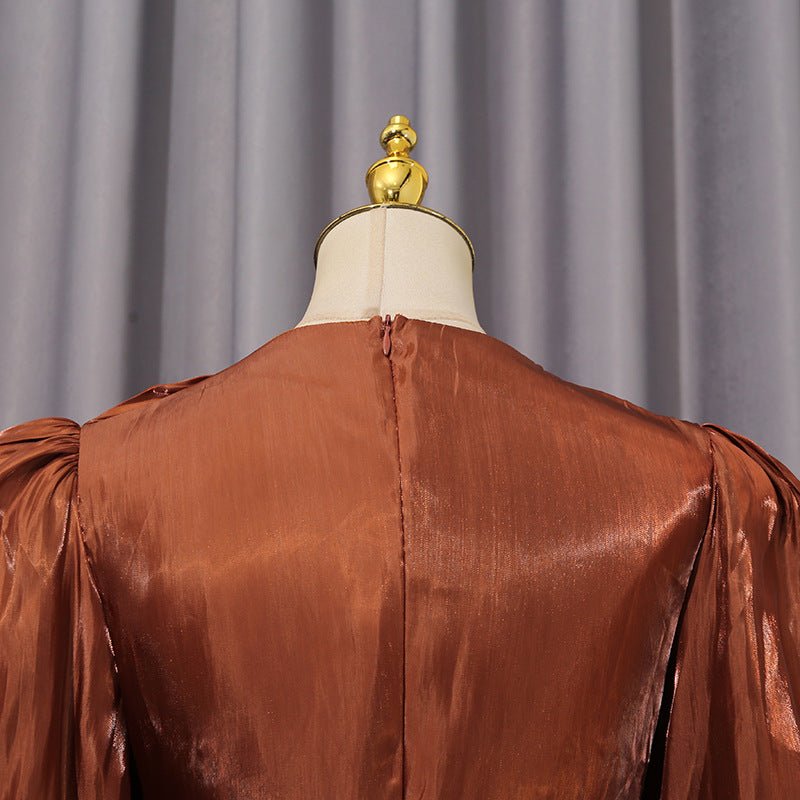 Primakind Satin Diagonal Pleat Dress with Bow Waist