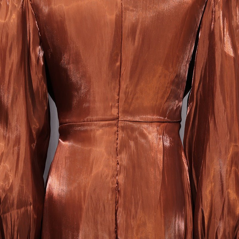 Primakind Satin Diagonal Pleat Dress with Bow Waist