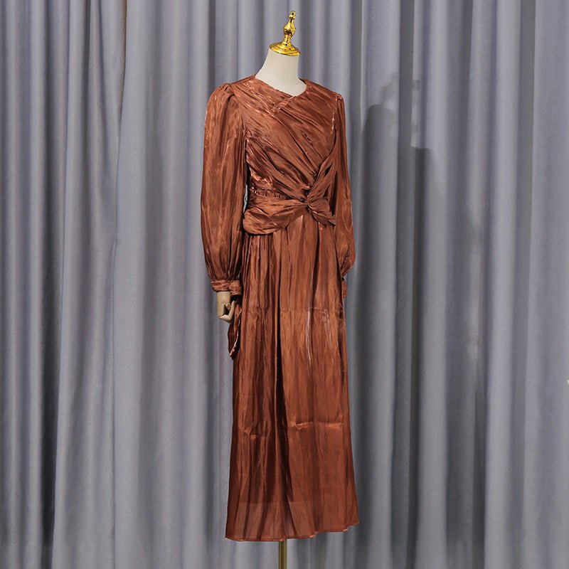 Primakind Satin Diagonal Pleat Dress with Bow Waist