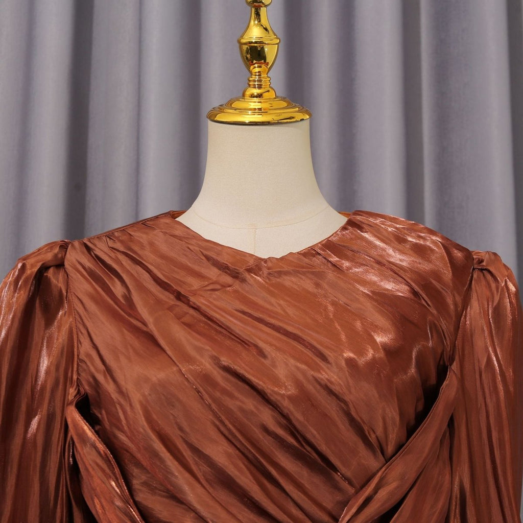 Primakind Satin Diagonal Pleat Dress with Bow Waist