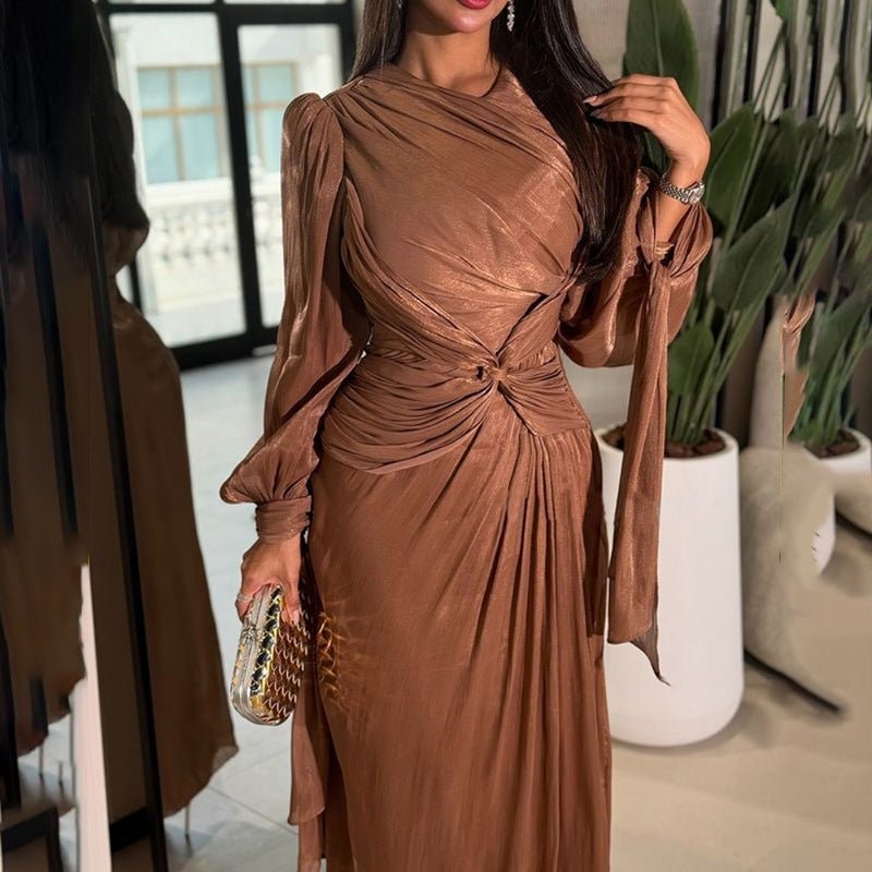 Primakind Satin Diagonal Pleat Dress with Bow Waist