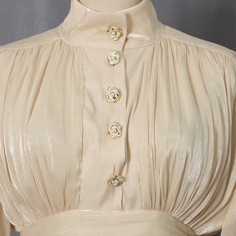 Primakind Shimmer Tiered Ruffle Dress with Pearl Buttons