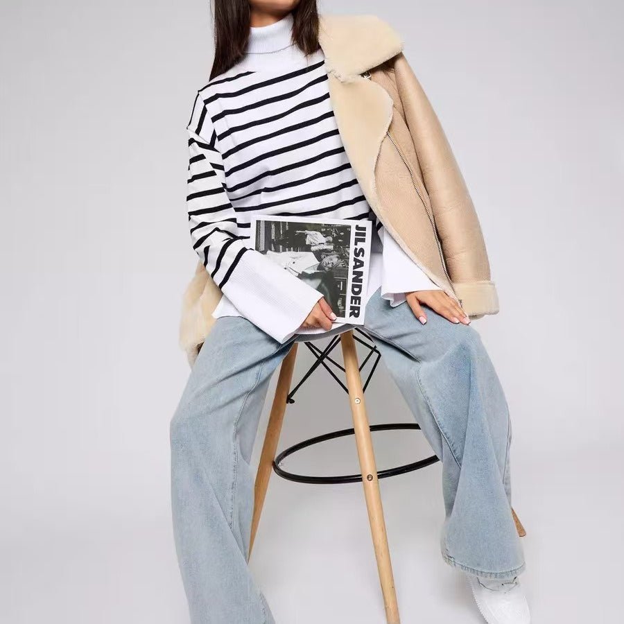 Primakind Striped Turtleneck Sweater Oversized Colorblock Pullover