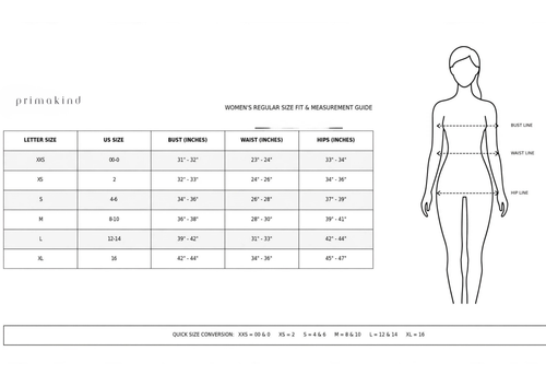 A women's size fit and measurement guide chart from Primakind, showing a table with letter sizes, US sizes, bust, waist, and hip measurements alongside a black-and-white line drawing of a female body with measurement lines.